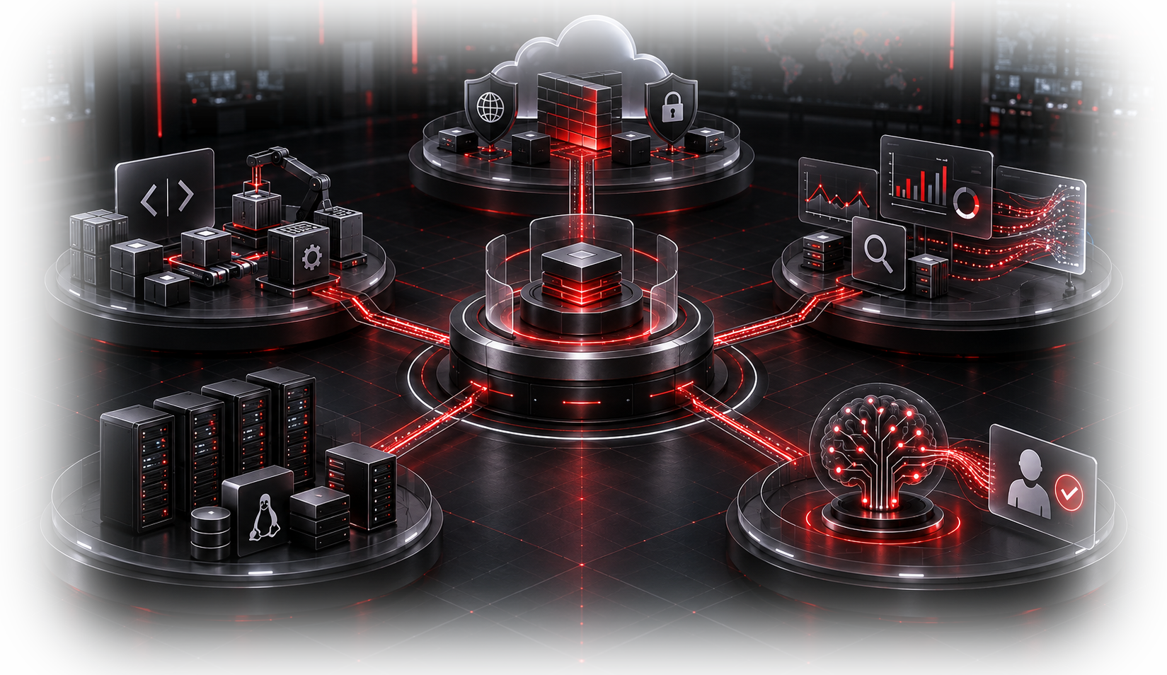 Mapa visual de capacidades en cloud, seguridad perimetral, IaC, observabilidad, sistemas base e IA asistida